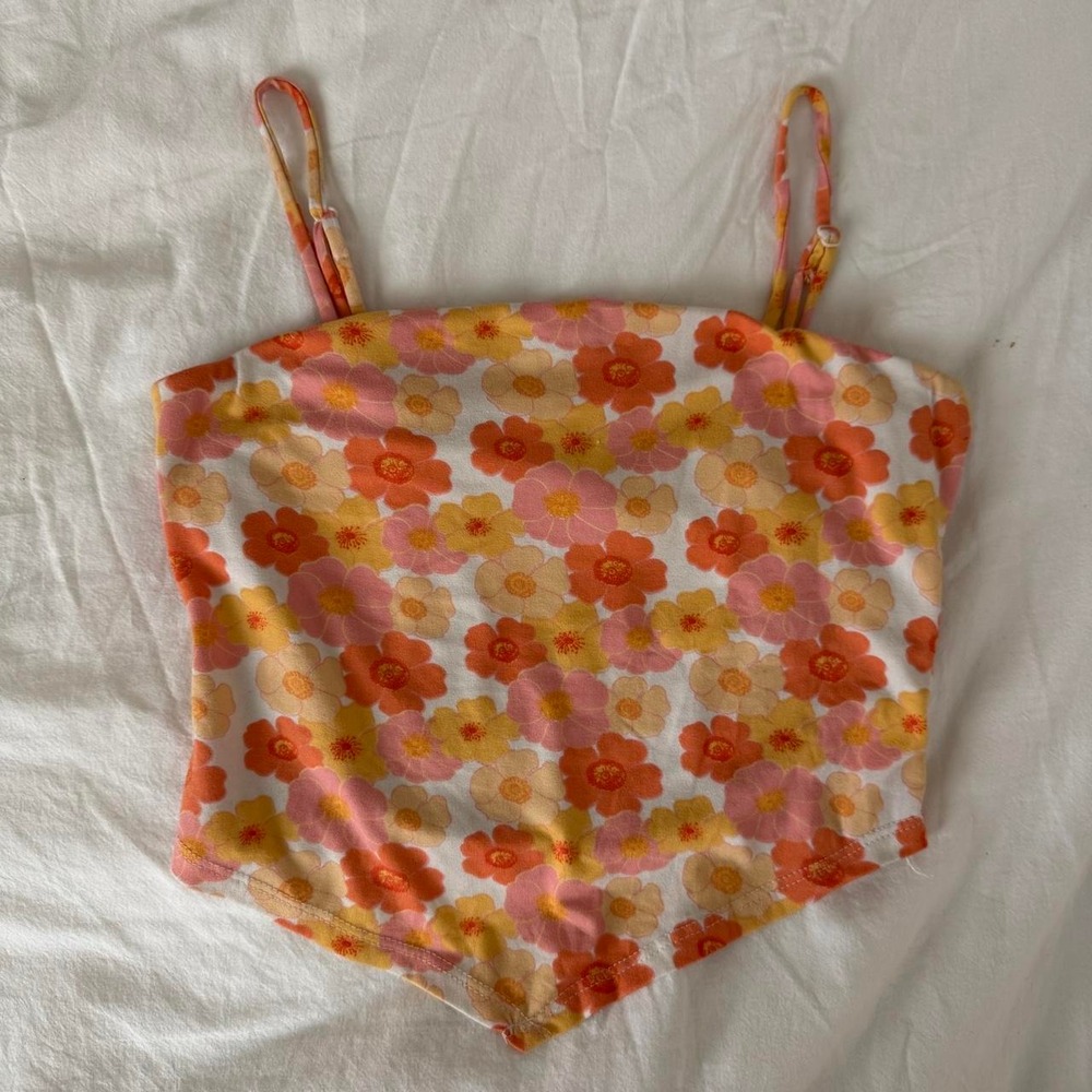Self Esteem orange, pink, and yellow floral print crop top